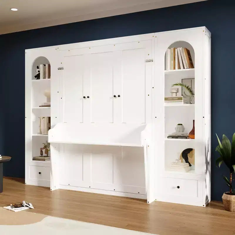 Letto a scomparsa Queen Size con armadietti laterali e luci a LED, letto a scomparsa con ripiani portaoggetti e cassetti per camera degli ospiti, bianco