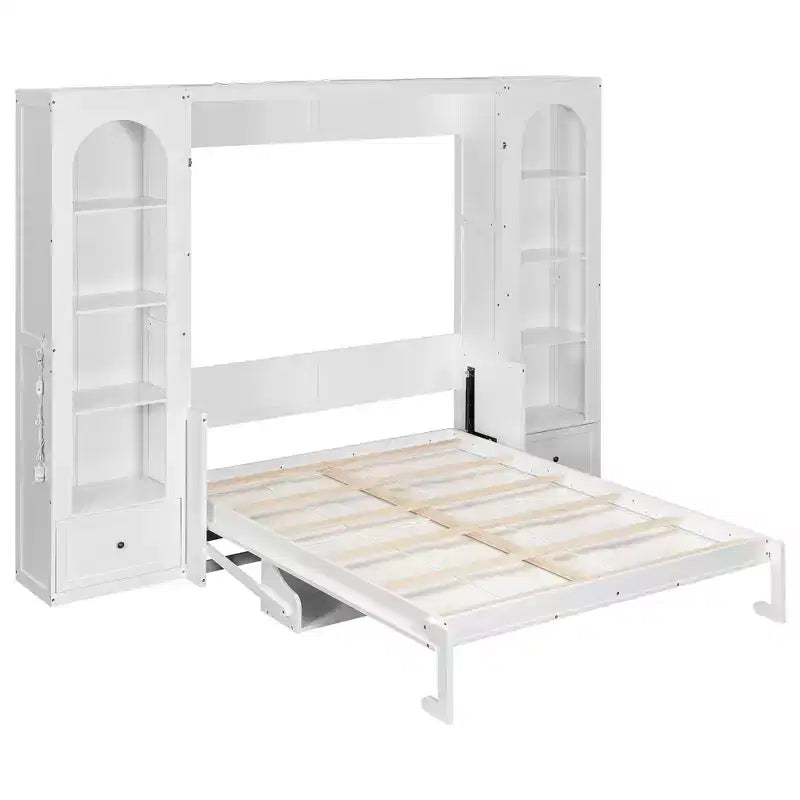 Letto a scomparsa Queen Size con armadietti laterali e luci a LED, letto a scomparsa con ripiani portaoggetti e cassetti per camera degli ospiti, bianco
