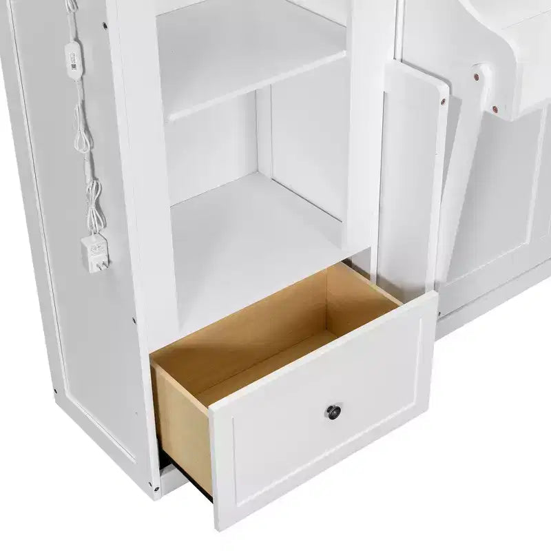 Letto a scomparsa Queen Size con armadietti laterali e luci a LED, letto a scomparsa con ripiani portaoggetti e cassetti per camera degli ospiti, bianco