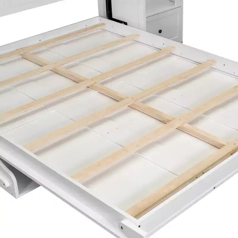 Letto a scomparsa Queen Size con armadietti laterali e luci a LED, letto a scomparsa con ripiani portaoggetti e cassetti per camera degli ospiti, bianco