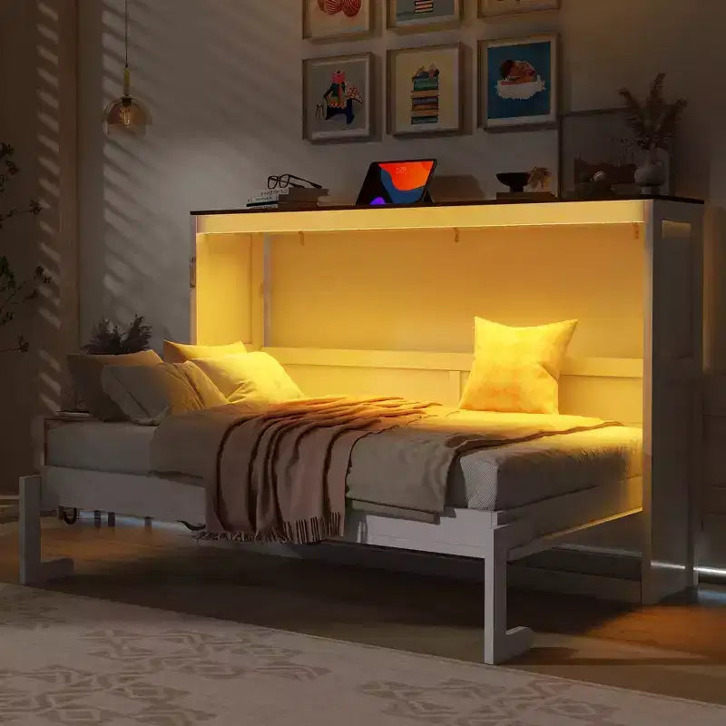 Letto a scomparsa matrimoniale con luce LED, pieghevole a armadio, letto a scomparsa per camera degli ospiti