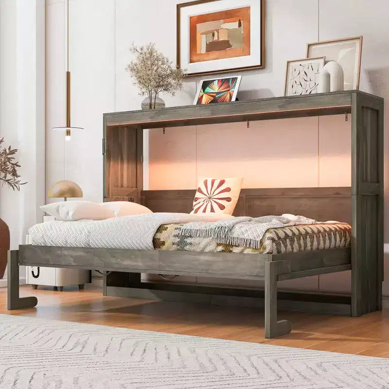 Letto a scomparsa matrimoniale con luce LED, pieghevole a armadio, letto a scomparsa per camera degli ospiti