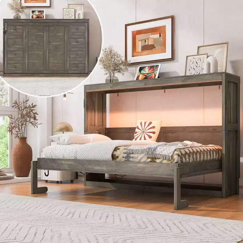 Twin Size Murphy Bed with LED Light, can be Folded into a Cabinet, Hidden Wall Bed Cabinet for Guest Room