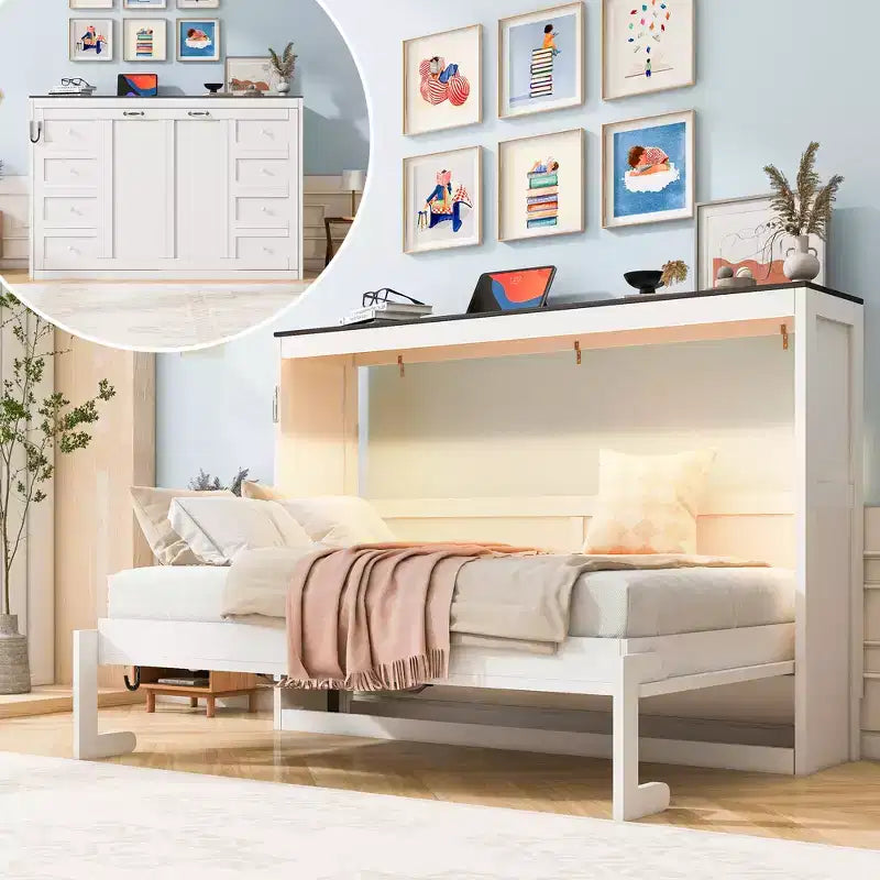 Letto a scomparsa matrimoniale con luce LED, pieghevole a armadio, letto a scomparsa per camera degli ospiti