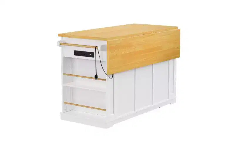 JVNOXK Isola da cucina mobile a 5 ruote da 53 pollici con piano pieghevole, presa di corrente, ripiano portaoggetti e ripiano laterale, adatta per cucine, bianca