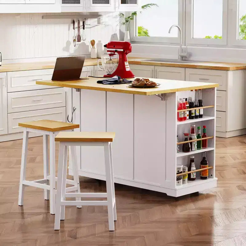 JVNOXK Isola da cucina mobile a 5 ruote da 53 pollici con piano pieghevole, presa di corrente, ripiano portaoggetti e ripiano laterale, adatta per cucine, bianca