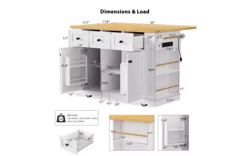 JVNOXK Isola da cucina mobile a 5 ruote da 53 pollici con piano pieghevole, presa di corrente, ripiano portaoggetti e ripiano laterale, adatta per cucine, bianca