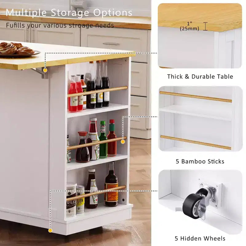 JVNOXK Isola da cucina mobile a 5 ruote da 53 pollici con piano pieghevole, presa di corrente, ripiano portaoggetti e ripiano laterale, adatta per cucine, bianca