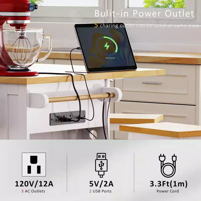JVNOXK Isola da cucina mobile a 5 ruote da 53 pollici con piano pieghevole, presa di corrente, ripiano portaoggetti e ripiano laterale, adatta per cucine, bianca