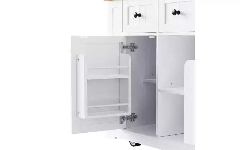 JVNOXK Isola da cucina mobile a 5 ruote da 53 pollici con piano pieghevole, presa di corrente, ripiano portaoggetti e ripiano laterale, adatta per cucine, bianca