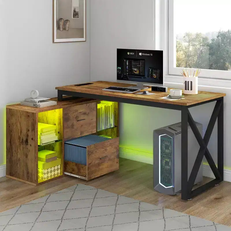 Brown 55inch L Shaped Desk Reversible Corner Computer Desk with Drawers & LED Lights with 4 Glass Open Storage Shelves