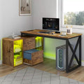 Brown 55inch L Shaped Desk Reversible Corner Computer Desk with Drawers & LED Lights with 4 Glass Open Storage Shelves