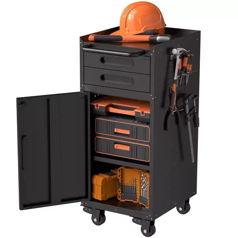 VIYET 34 Narrow Rolling Tool Cabinet - Slim 2-Drawer Space-Saving Storage with Lockable Door, Black