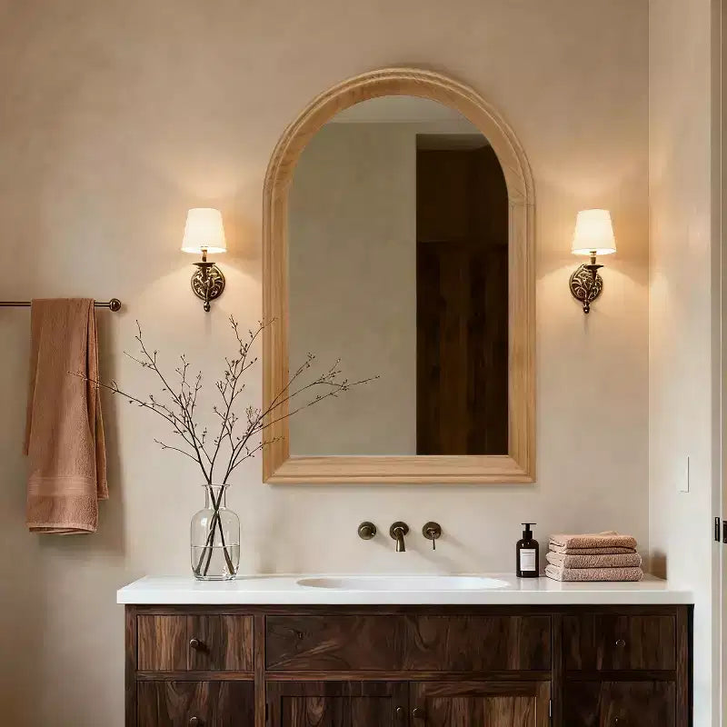 Specchio da parete ad arco con cornice in legno, 24 x 35, specchio decorativo rustico per bagno, toeletta, soggiorno-Panipeachy
