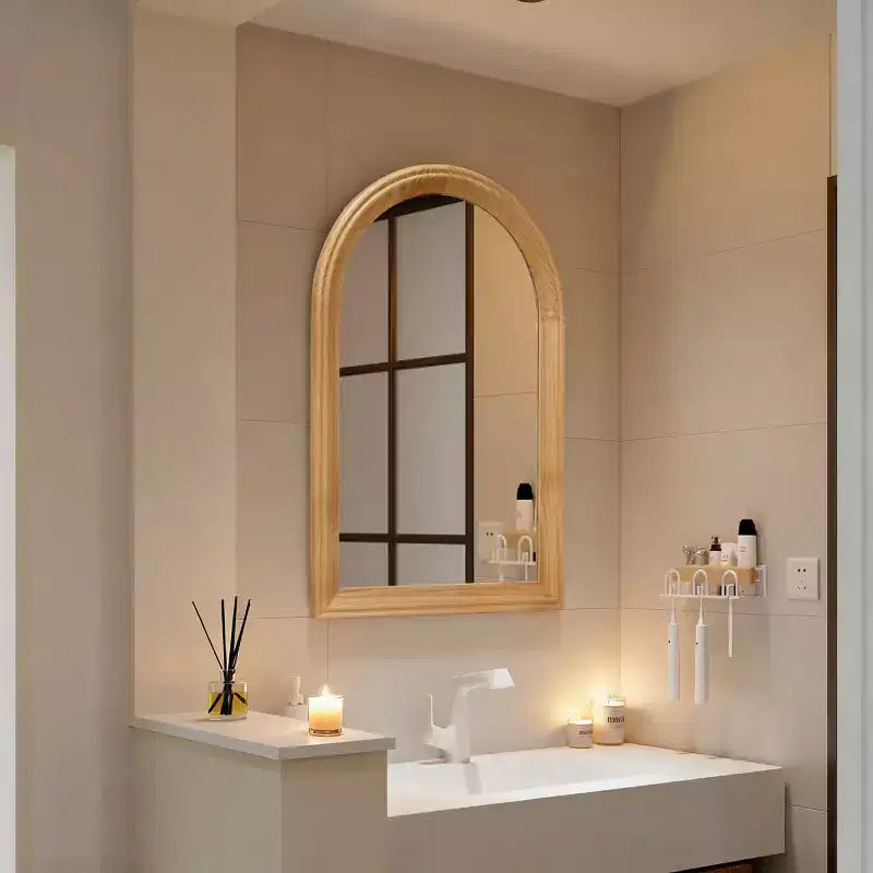 Specchio da parete ad arco con cornice in legno, 24 x 35, specchio decorativo rustico per bagno, toeletta, soggiorno-Panipeachy