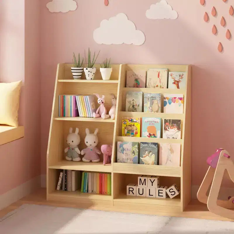 Libreria per bambini a 4 ripiani in legno con contenitore giocattoli, espositore libri frontale per cameretta, colore naturale