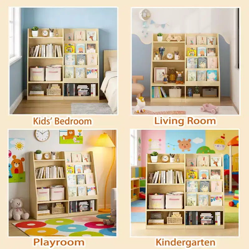 Libreria per bambini a 4 ripiani in legno con contenitore giocattoli, espositore libri frontale per cameretta, colore naturale