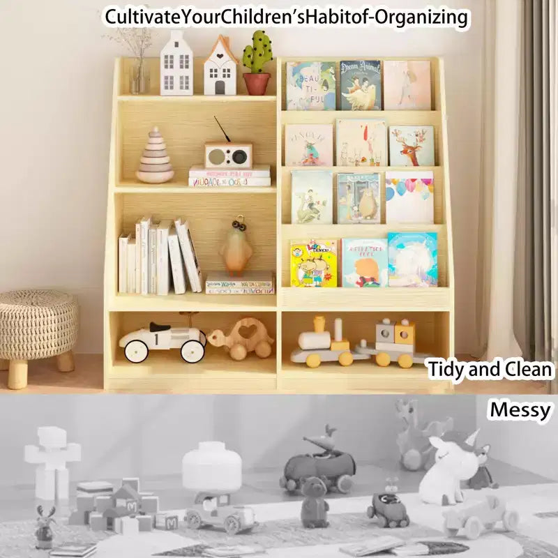 Libreria per bambini a 4 ripiani in legno con contenitore giocattoli, espositore libri frontale per cameretta, colore naturale