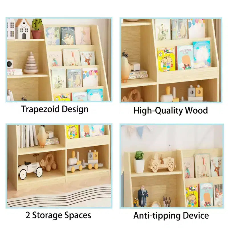 Libreria per bambini a 4 ripiani in legno con contenitore giocattoli, espositore libri frontale per cameretta, colore naturale