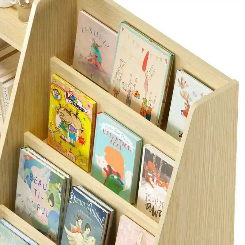 Libreria per bambini a 4 ripiani in legno con contenitore giocattoli, espositore libri frontale per cameretta, colore naturale
