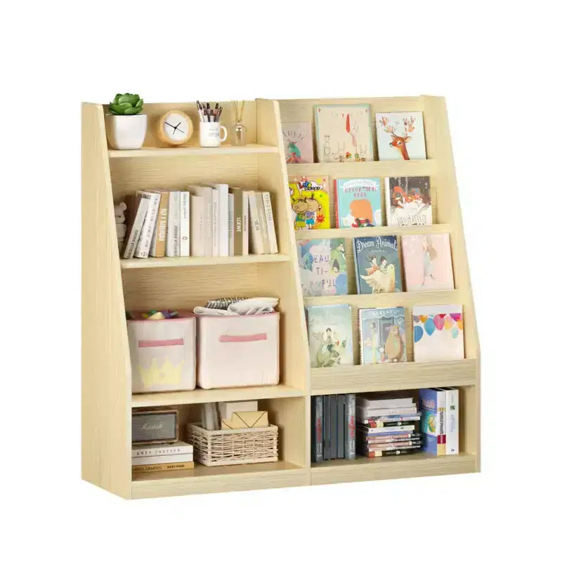 Libreria per bambini a 4 ripiani in legno con contenitore giocattoli, espositore libri frontale per cameretta, colore naturale