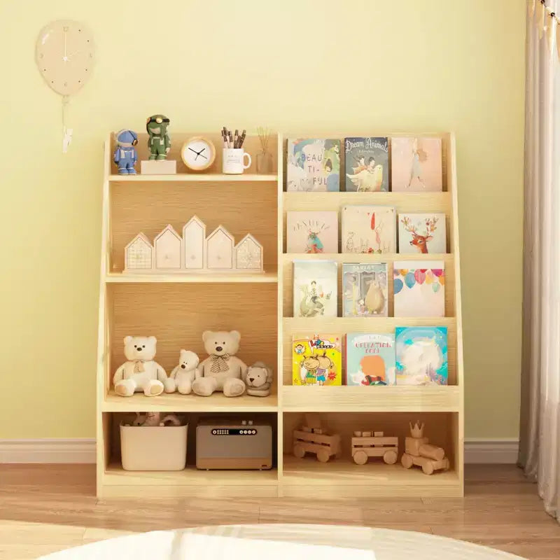 Libreria per bambini a 4 ripiani in legno con contenitore giocattoli, espositore libri frontale per cameretta, colore naturale