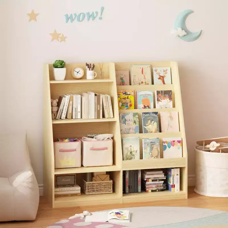 Libreria per bambini a 4 ripiani in legno con contenitore giocattoli, espositore libri frontale per cameretta, colore naturale