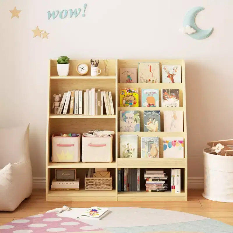 Libreria per bambini a 4 ripiani in legno con contenitore giocattoli, espositore libri frontale per cameretta, colore naturale