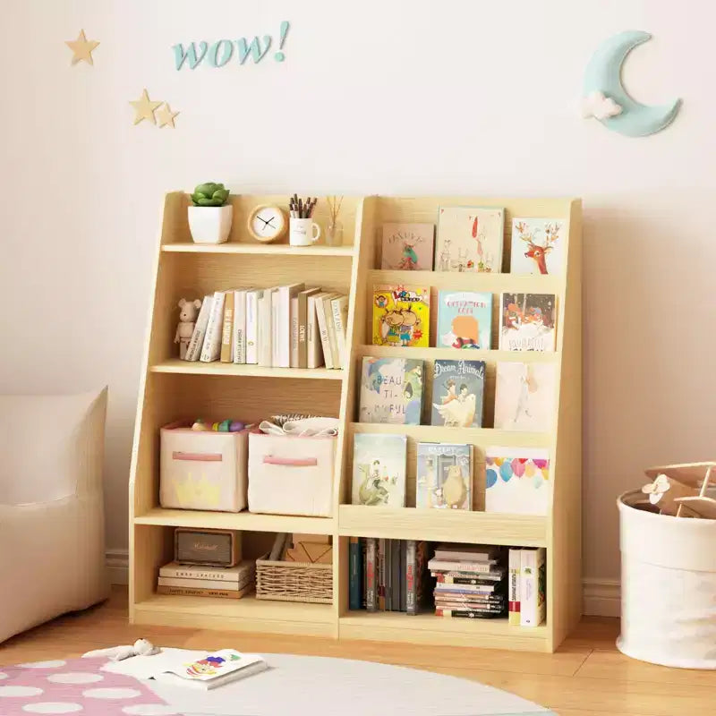 Libreria per bambini a 4 ripiani in legno con contenitore giocattoli, espositore libri frontale per cameretta, colore naturale