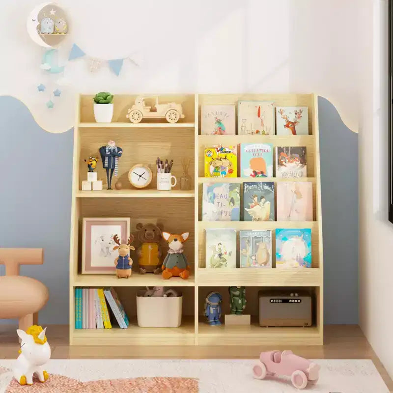Libreria per bambini a 4 ripiani in legno con contenitore giocattoli, espositore libri frontale per cameretta, colore naturale