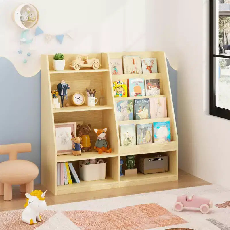 Libreria per bambini a 4 ripiani in legno con contenitore giocattoli, espositore libri frontale per cameretta, colore naturale