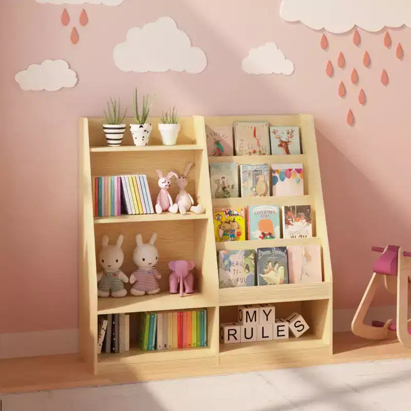 Libreria per bambini a 4 ripiani in legno con contenitore giocattoli, espositore libri frontale per cameretta, colore naturale