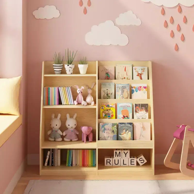 Libreria per bambini a 4 ripiani in legno con contenitore giocattoli, espositore libri frontale per cameretta, colore naturale