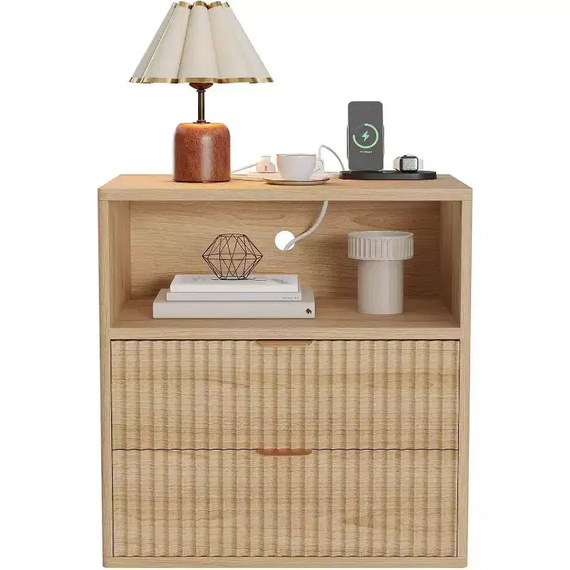 Fluted Farmhouse Night Stand, 23 Mid-Century Modern Nightstand with 2 Drawers, Wood End Table for Bedroom, Sofa, Home Office