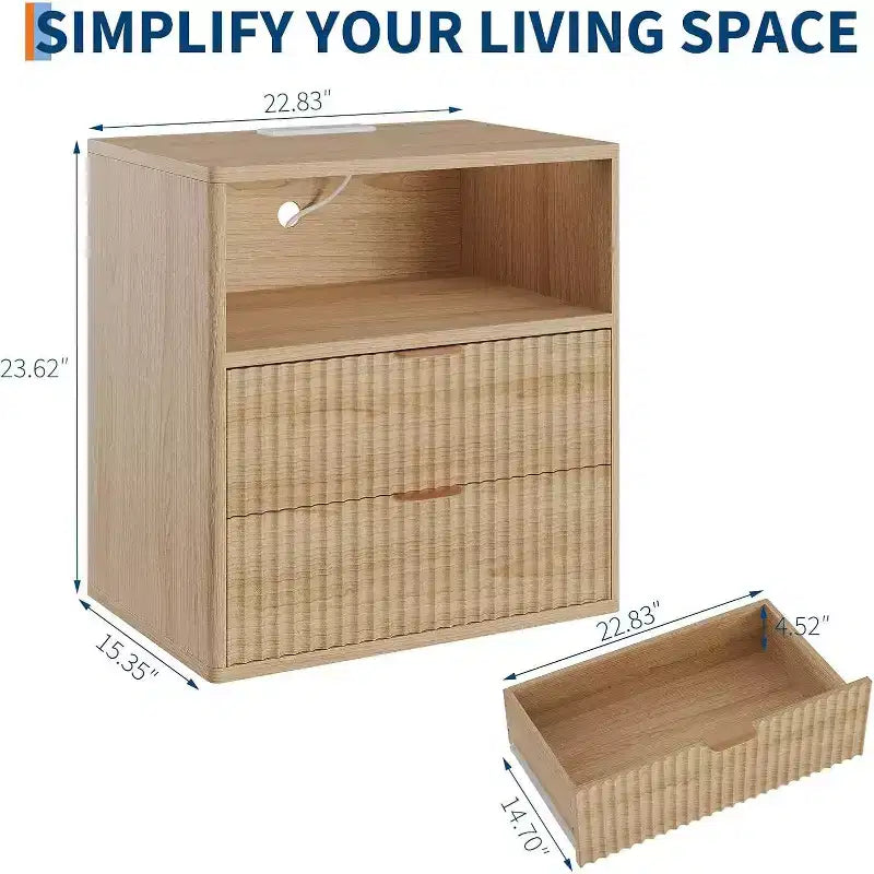 Comodino Fluted Farmhouse, Comodino Moderno Mid-Century da 23" con 2 Cassetti, Tavolino in Legno per Camera da Letto, Divano, Ufficio