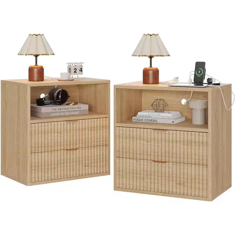 Comodino Fluted Farmhouse, Comodino Moderno Mid-Century da 23" con 2 Cassetti, Tavolino in Legno per Camera da Letto, Divano, Ufficio