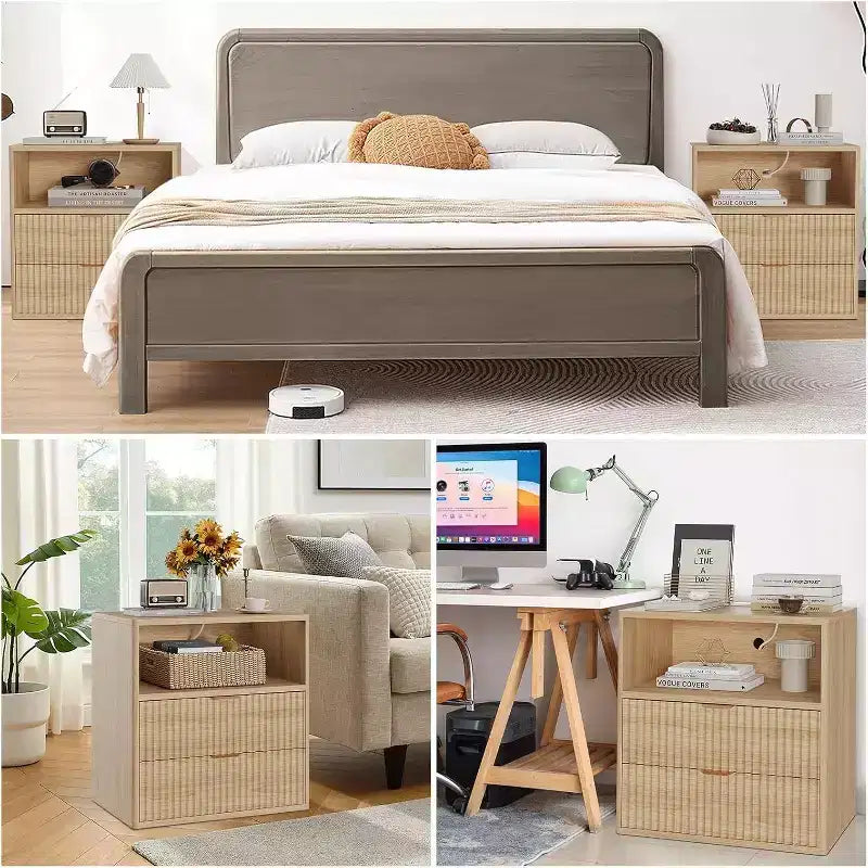Comodino Fluted Farmhouse, Comodino Moderno Mid-Century da 23" con 2 Cassetti, Tavolino in Legno per Camera da Letto, Divano, Ufficio