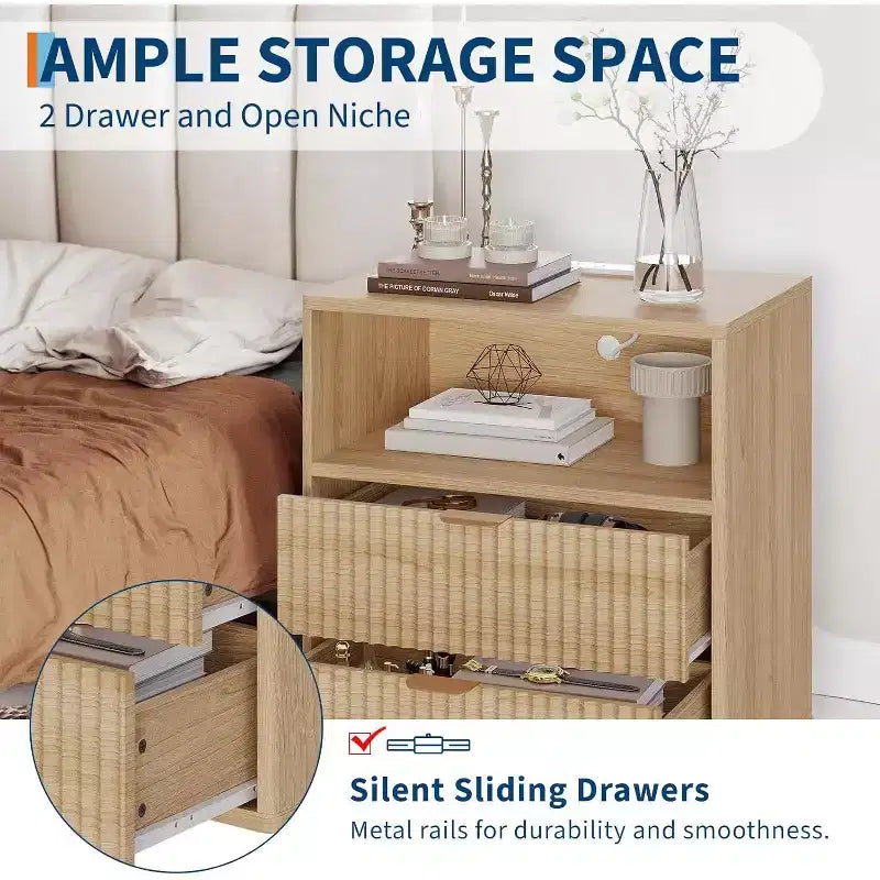 Comodino Fluted Farmhouse, Comodino Moderno Mid-Century da 23" con 2 Cassetti, Tavolino in Legno per Camera da Letto, Divano, Ufficio