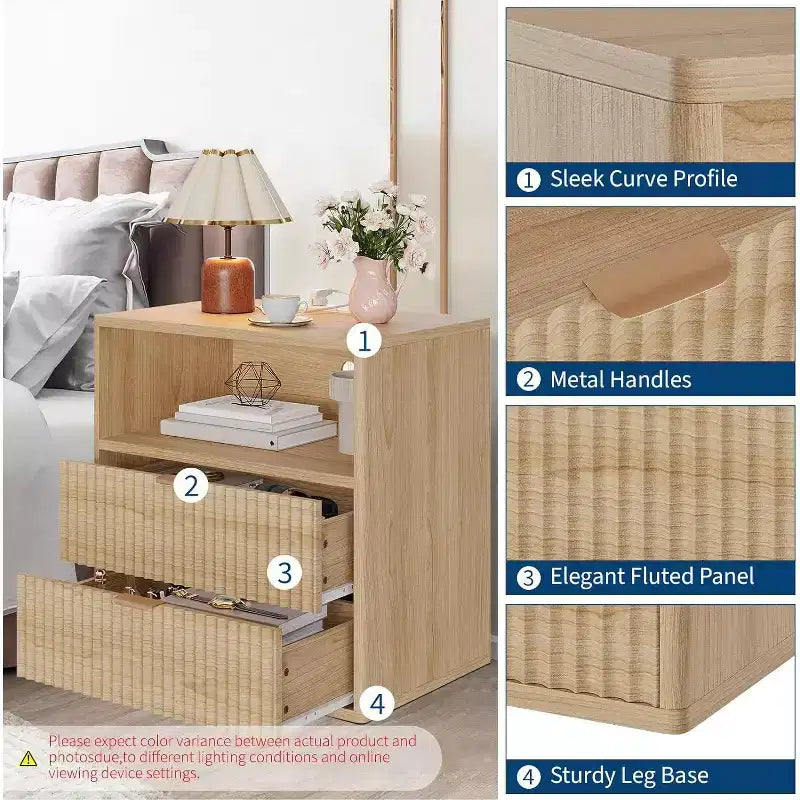 Comodino Fluted Farmhouse, Comodino Moderno Mid-Century da 23" con 2 Cassetti, Tavolino in Legno per Camera da Letto, Divano, Ufficio