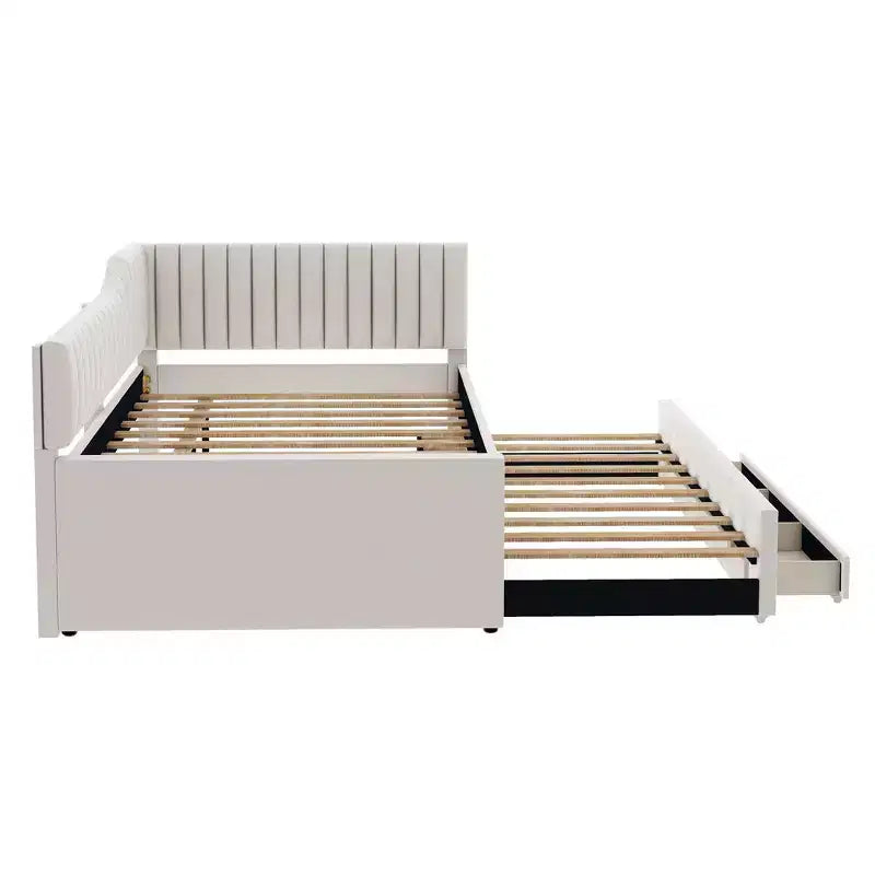 Luxystar Letto a giorno moderno imbottito in lino, matrimoniale, con letto estraibile e 3 cassetti