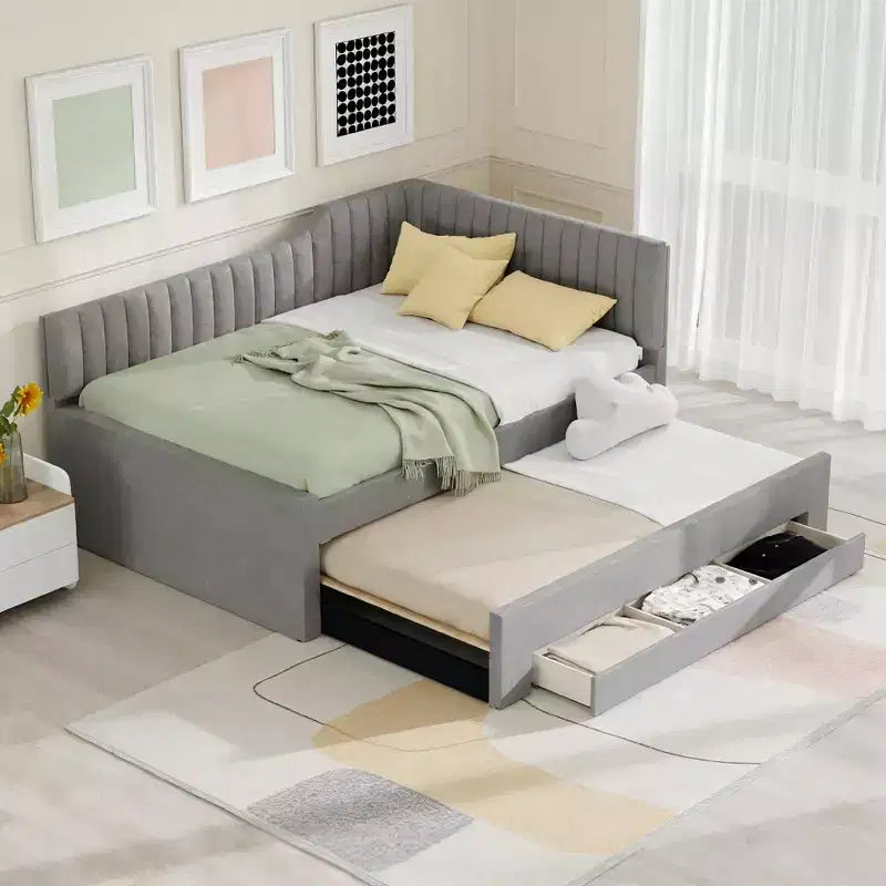 Luxystar Letto a giorno moderno imbottito in lino, matrimoniale, con letto estraibile e 3 cassetti