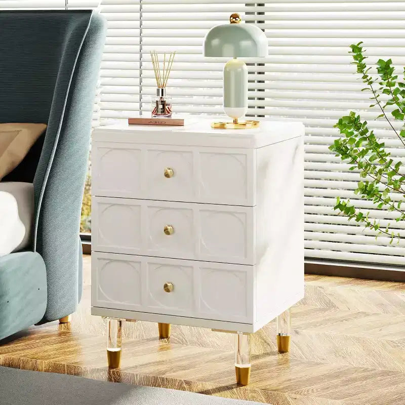 Lantine Nightstand with 3 Drawers, White and Gold Bedside Table, Modern Small Chest of Drawers, Sofa End Tables with Storage for Dorm, Bedroom