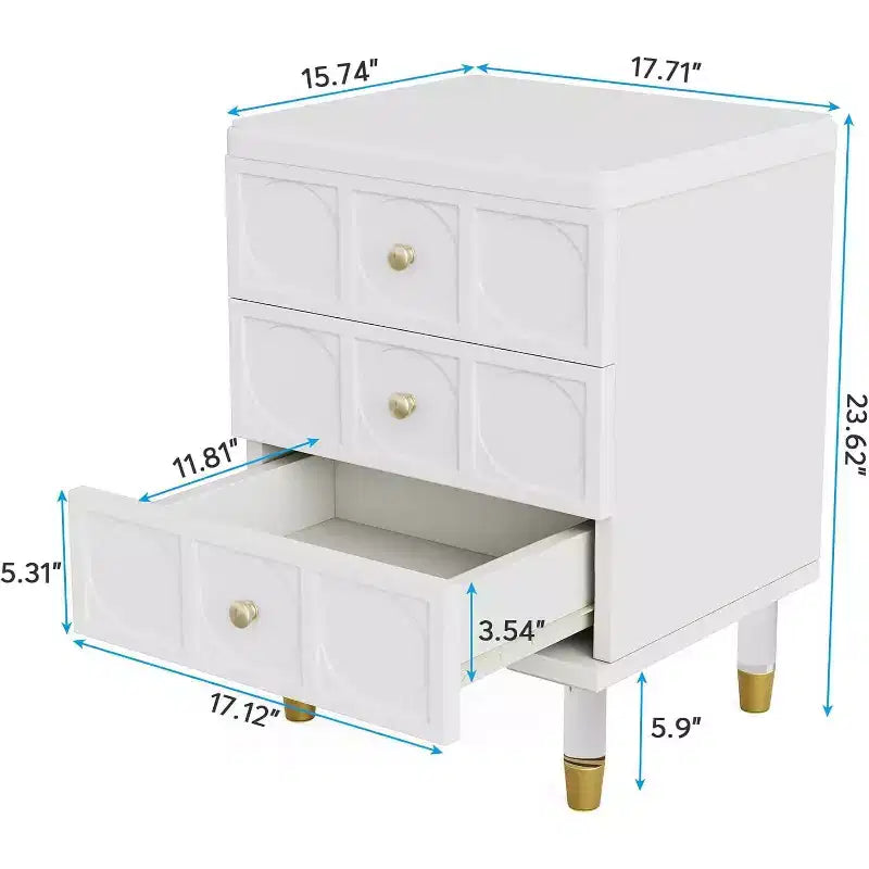 Comodino Lantine con 3 cassetti, comodino bianco e oro, cassettiera piccola moderna, tavolini laterali per divano con contenitore per dormitorio, camera da letto
