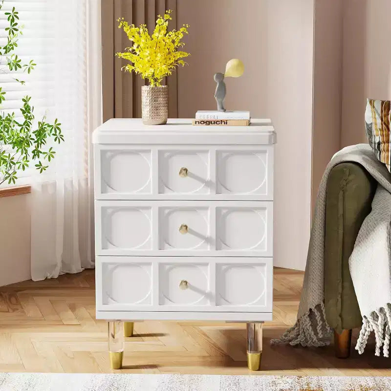 Comodino Lantine con 3 cassetti, comodino bianco e oro, cassettiera piccola moderna, tavolini laterali per divano con contenitore per dormitorio, camera da letto
