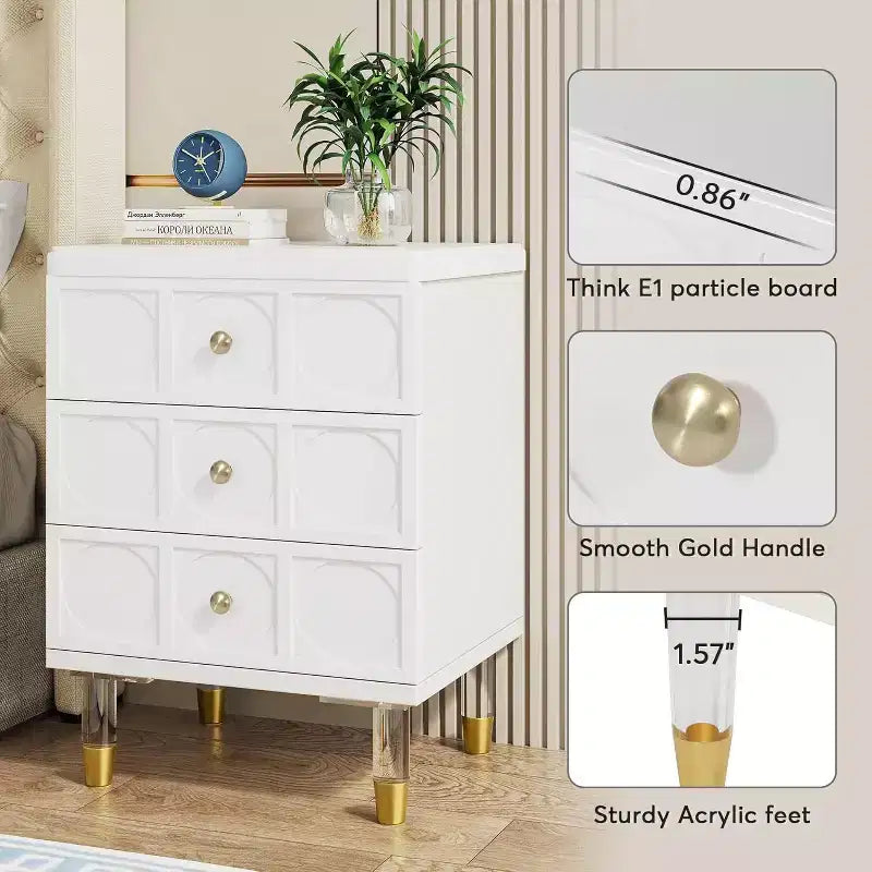 Comodino Lantine con 3 cassetti, comodino bianco e oro, cassettiera piccola moderna, tavolini laterali per divano con contenitore per dormitorio, camera da letto