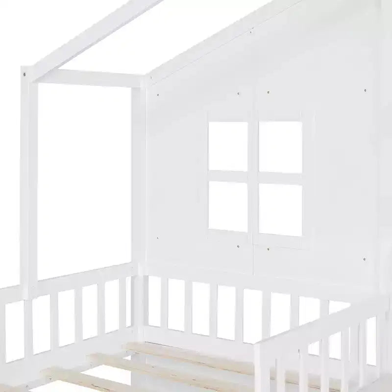 MAYEERTY Letto a Capanna per Bambini con Divano, Piattaforma con Due Cassetti e Ripiano per Camera da Letto, Bianco