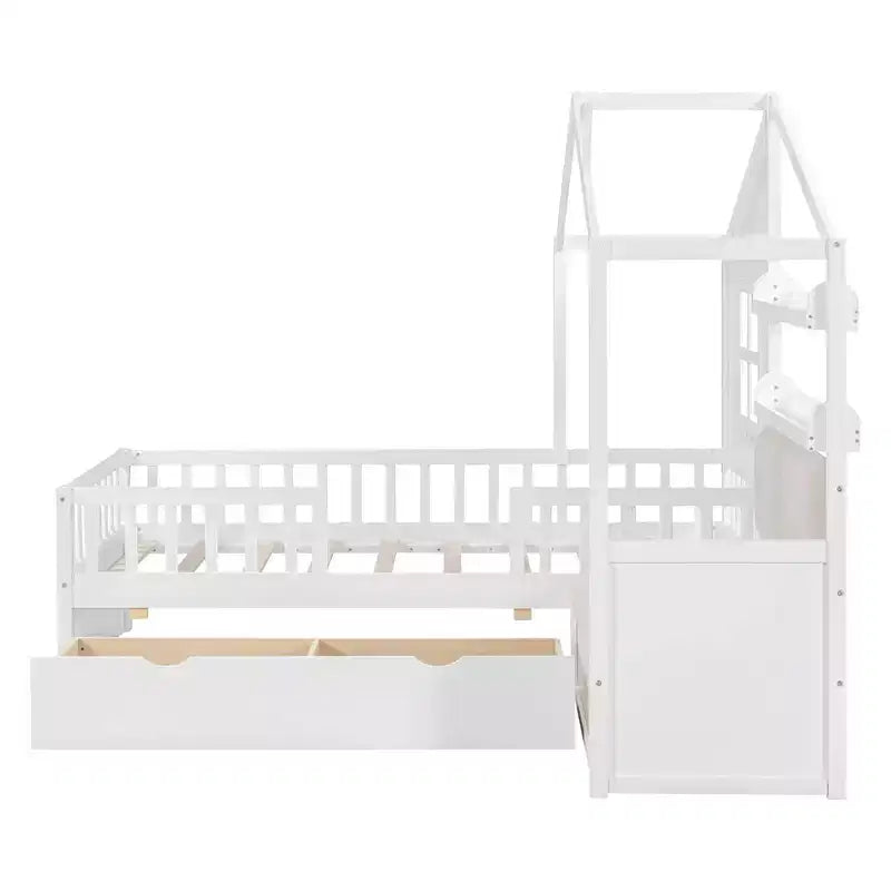 MAYEERTY Letto a Capanna per Bambini con Divano, Piattaforma con Due Cassetti e Ripiano per Camera da Letto, Bianco