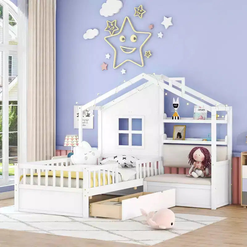 MAYEERTY Letto a Capanna per Bambini con Divano, Piattaforma con Due Cassetti e Ripiano per Camera da Letto, Bianco