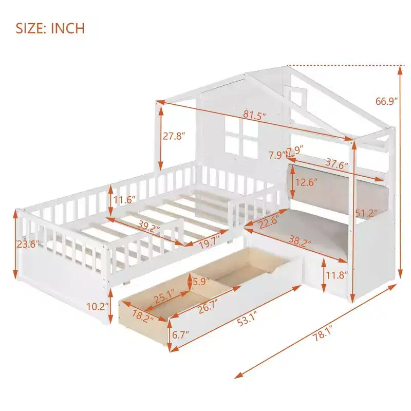 MAYEERTY Letto a Capanna per Bambini con Divano, Piattaforma con Due Cassetti e Ripiano per Camera da Letto, Bianco