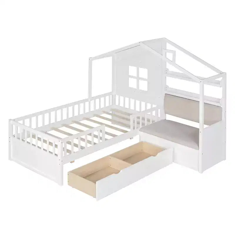 MAYEERTY Letto a Capanna per Bambini con Divano, Piattaforma con Due Cassetti e Ripiano per Camera da Letto, Bianco